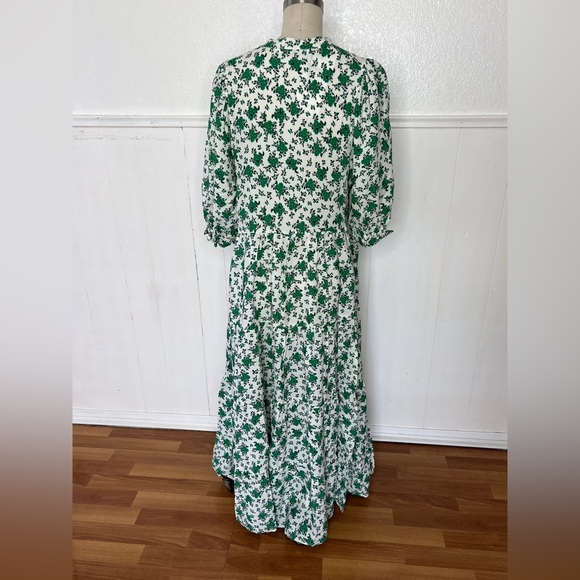 New ZARA green white floral maxi prairie boho tea dress S - Picture 7 of 9